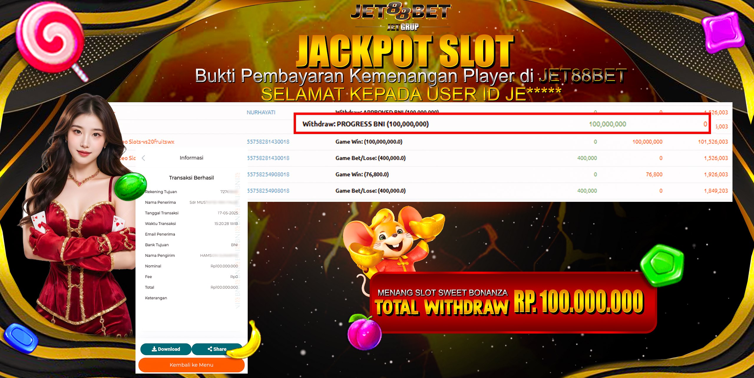 JET88BET JACKPOT SWEET BONANZA Rp100.000.000,- LUNAS
